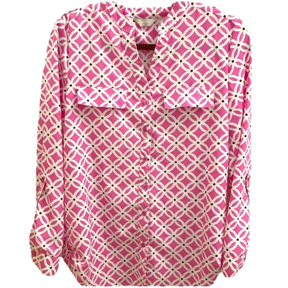 Coral Bay Pink & White Mod Pattern Button Up Blouse Top S EUC Roll Tab Sleeves